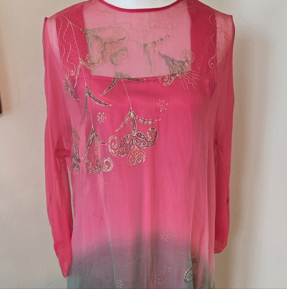Zandra Rhodes Silk Pink and Green Sheer Tunic Over Tailored Slip Dress